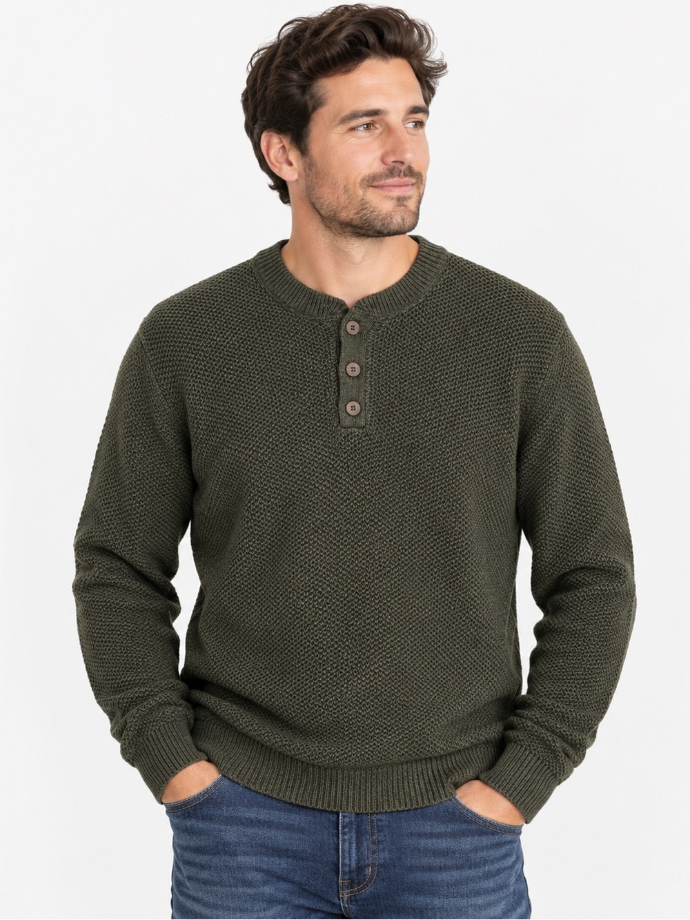 Oscar de la Renta Men’s L Olive Green Henley Knit Sweater Quiet Luxury